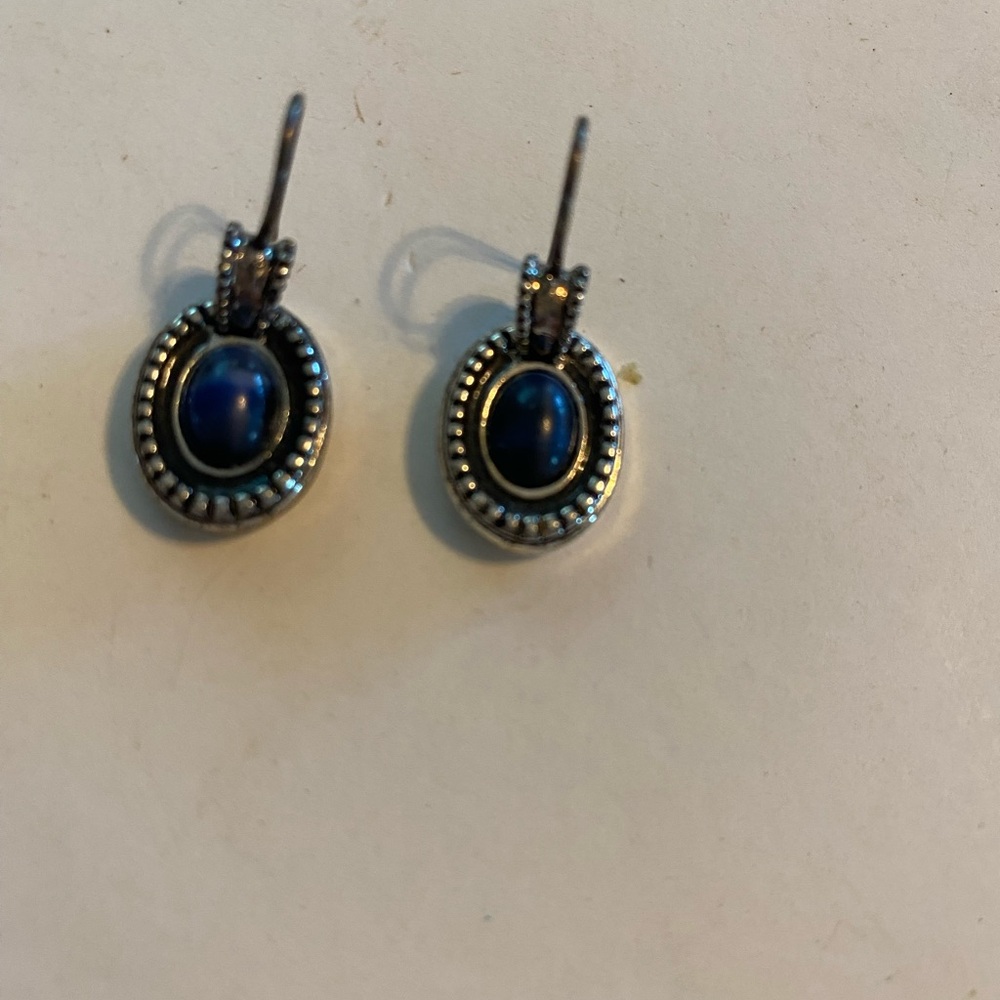 Blue Oval blue lapis Dangle Earrings with sterling silver Accents
